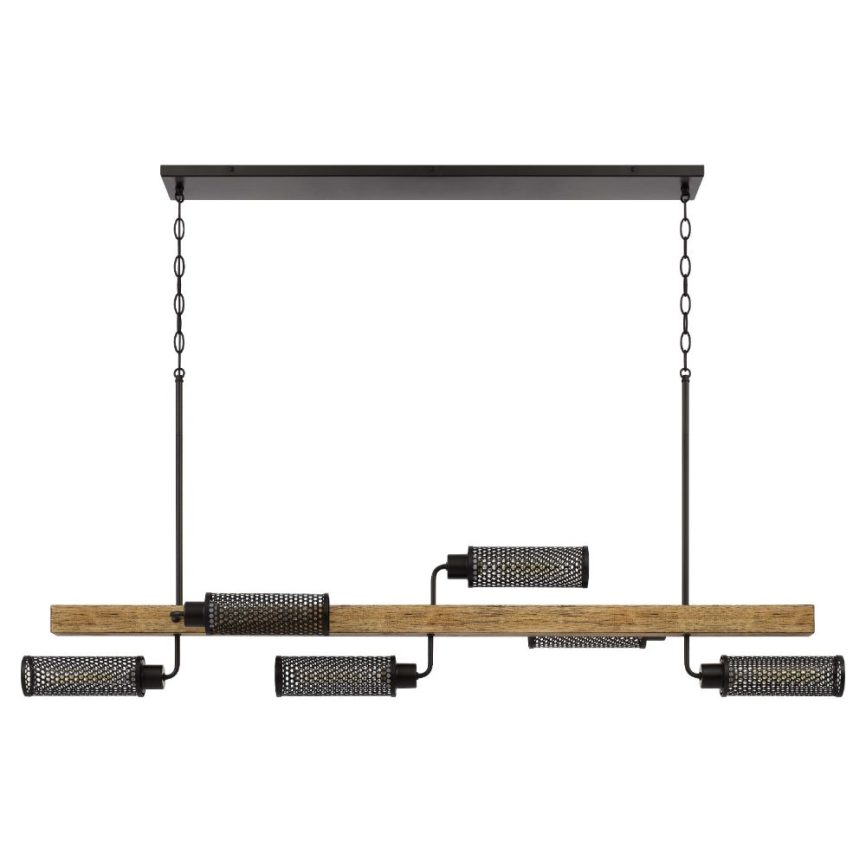 Cal Lighting FX-3008-6 Lenox Pine Wood Island Chandelier with Dark Bronze Metal Mesh Shades in Light Oak