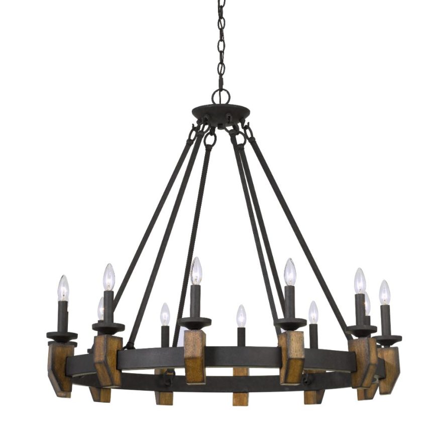 Cal Lighting FX-3517-12 Cruz 35.38" Height Metal and Wood Chandelier in Warm Bronze Finish