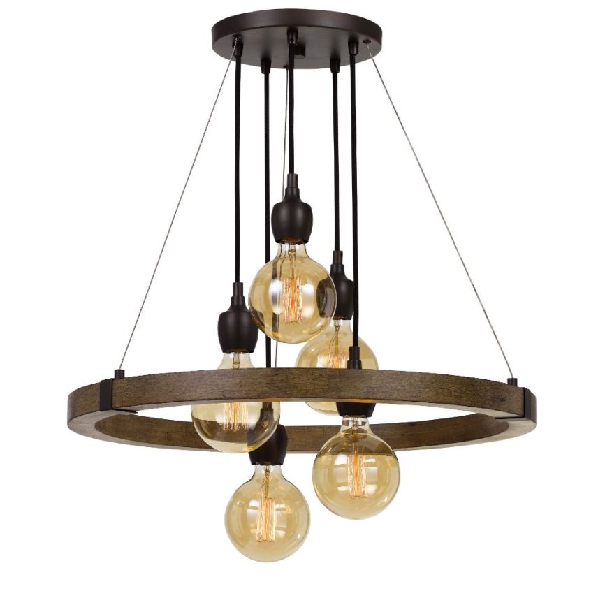 CAL Lighting FX-3687-5 60w X 5 Martos Metal/Wood Chandelier. (Edison Bulbs Included)